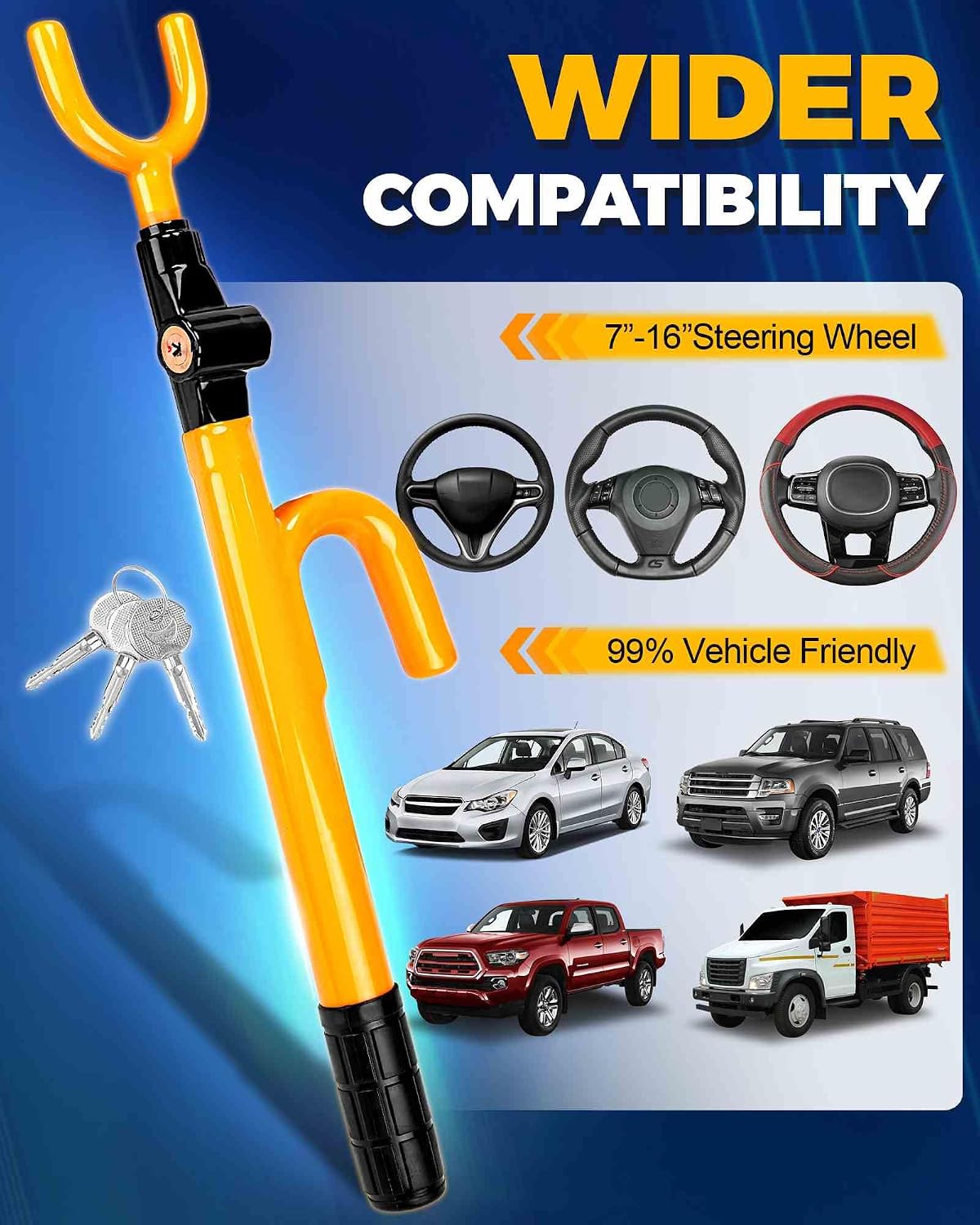 Steering Wheel Lock - Anti Theft Device with Adjustable Car Wheel Lock, 3 Keys (Yellow)