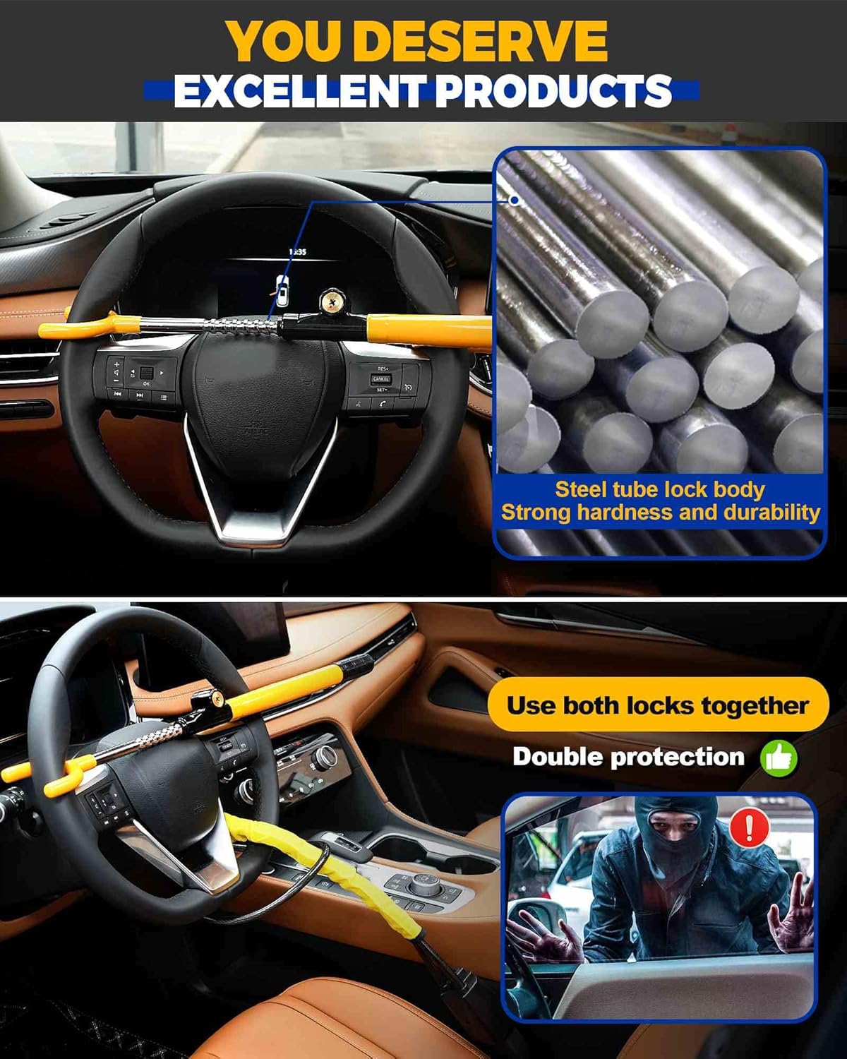 Steering Wheel Lock - Anti Theft Device with Adjustable Car Wheel Lock, 3 Keys (Yellow)
