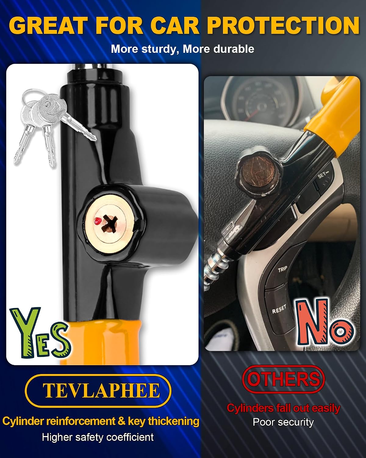 Steering Wheel Lock - Anti Theft Device with Adjustable Car Wheel Lock, 3 Keys (Yellow)