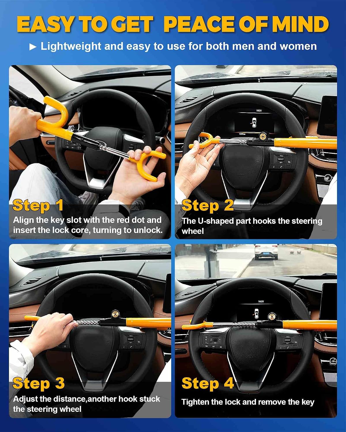 Steering Wheel Lock - Anti Theft Device with Adjustable Car Wheel Lock, 3 Keys (Yellow)