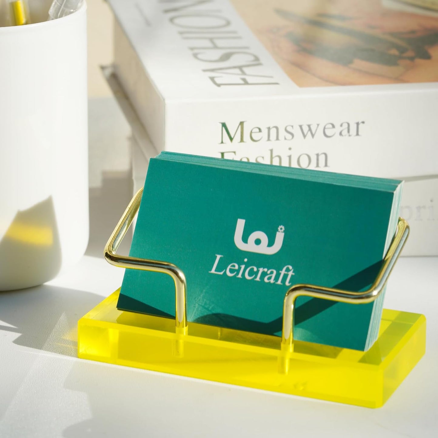 Business Card Holder for Desk, Modern Card Organizers and Office Desk Accessories for Men and Women (Yellow & Golden)
