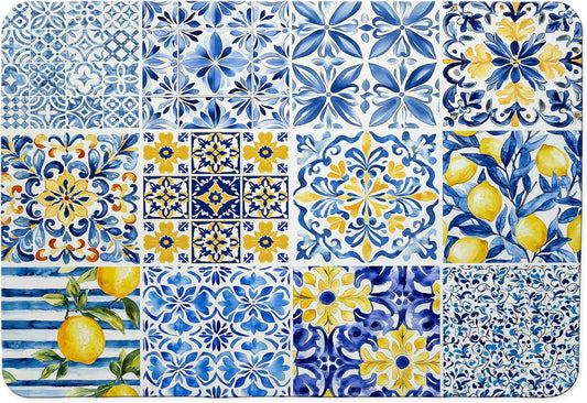 Mediterranean Tiles Dish Drying Mat, Blue White Italy Lemons Coffee Bar Mat for Countertops, Vintage Azulejo Absorbent Dish Drying Mats for Kitchen Counter Coffee Maker, 16x24 Inch