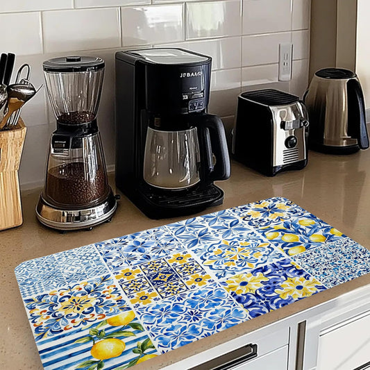 Mediterranean Tiles Dish Drying Mat, Blue White Italy Lemons Coffee Bar Mat for Countertops, Vintage Azulejo Absorbent Dish Drying Mats for Kitchen Counter Coffee Maker, 16x24 Inch