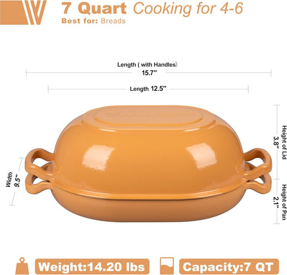 Enameled Cast Iron Sourdough Bread Oven, Dutch Oven, Loaf Cast Iron Bread Pan for Homemade Bread Baking, Meatloaf Pan with Lid, 7QT, Yellow