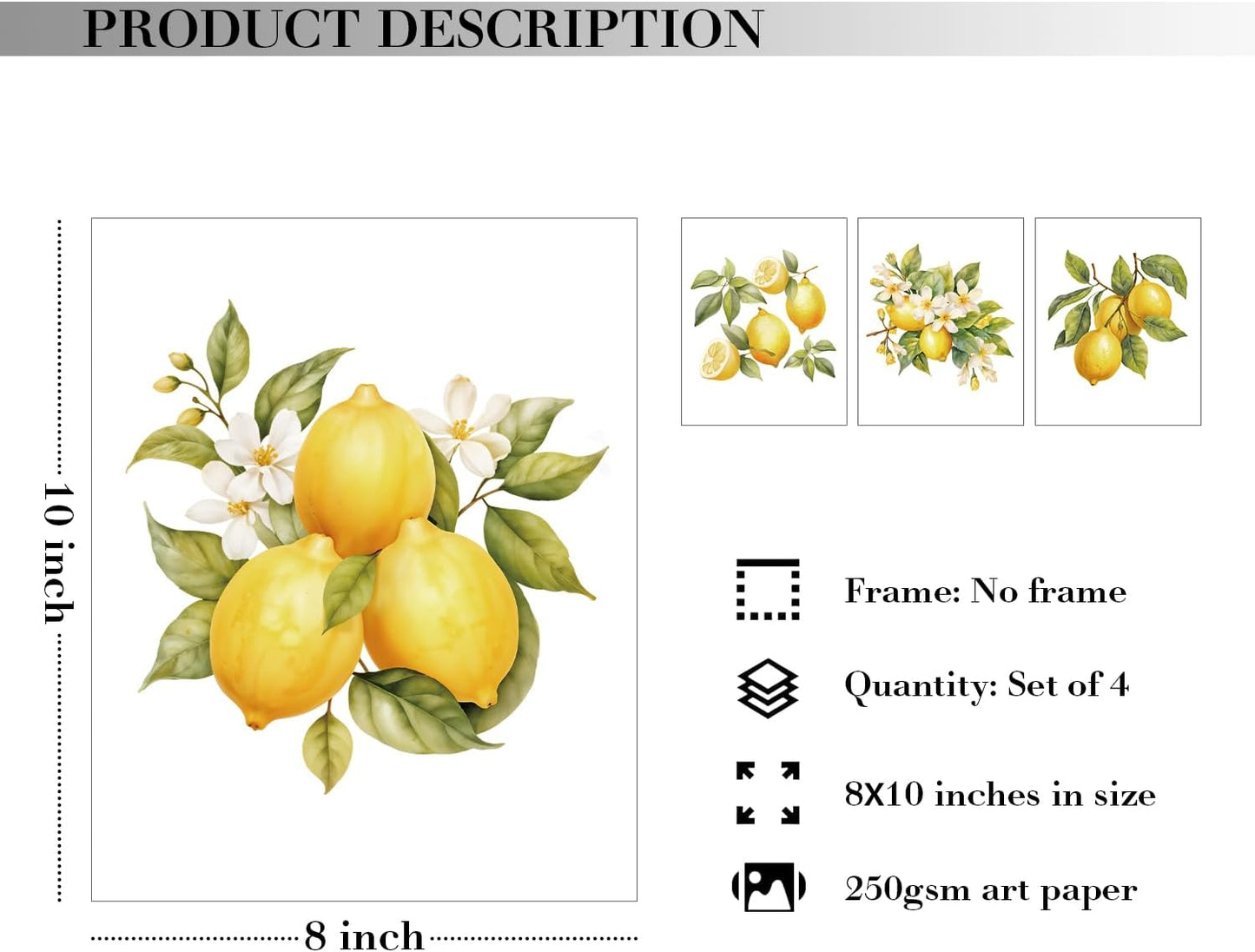 Lemon Fruit Wall Art Decor for Home Kitchen Living Room Dining Room, Lemon Party Decorations Bathroom Decor, 8x10 Inch Unframed