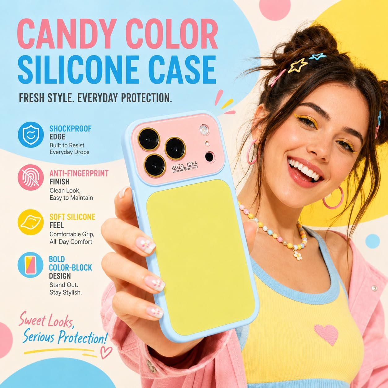 Contrast Color Block Case for iPhone 16 Pro Max,Yellow Pink Phone Case | Various candy colors and dopamine-inspired design bring a playful style,Luxury crystal texture with camera lens protection