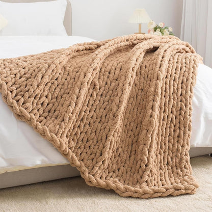 Chunky Knit Throw Blanket, Handmade Soft Chenille Yarn Throw Blanket, Thick Cable Knitted Blankets, Large Rope Knot Crochet Blankets for Couch Sofa Bed Home Decor,Yellow,50x50cm