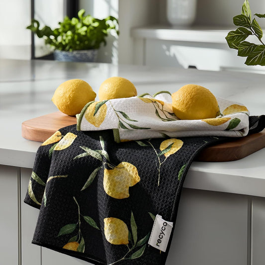 RECYCO Waffle Kitchen Towel Set of 2 - Quick Dry Microfiber Sustainable Dish Towels - Ultra Absorbent Reusable Cleaning Tea Towels - Lightweight Hand Towels,16”x 28”, Lemon Grove
