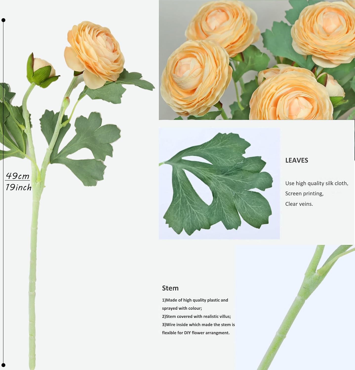 Yellow Ranunculus Artificial Flowerswith Real Touch Stem, Fake Ranunculus Flowers (Creamy Yellow, 6pcs)