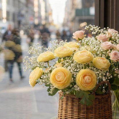 Yellow Ranunculus Artificial Flowerswith Real Touch Stem, Fake Ranunculus Flowers (Creamy Yellow, 6pcs)