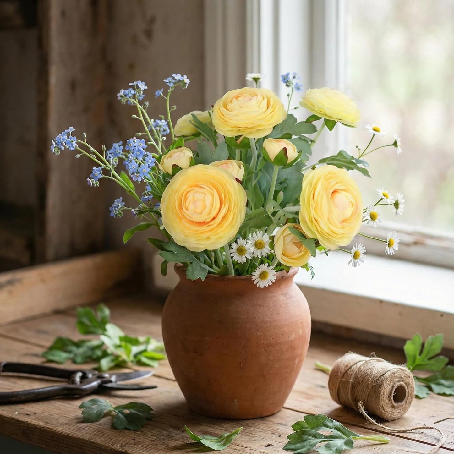 Yellow Ranunculus Artificial Flowerswith Real Touch Stem, Fake Ranunculus Flowers (Creamy Yellow, 6pcs)