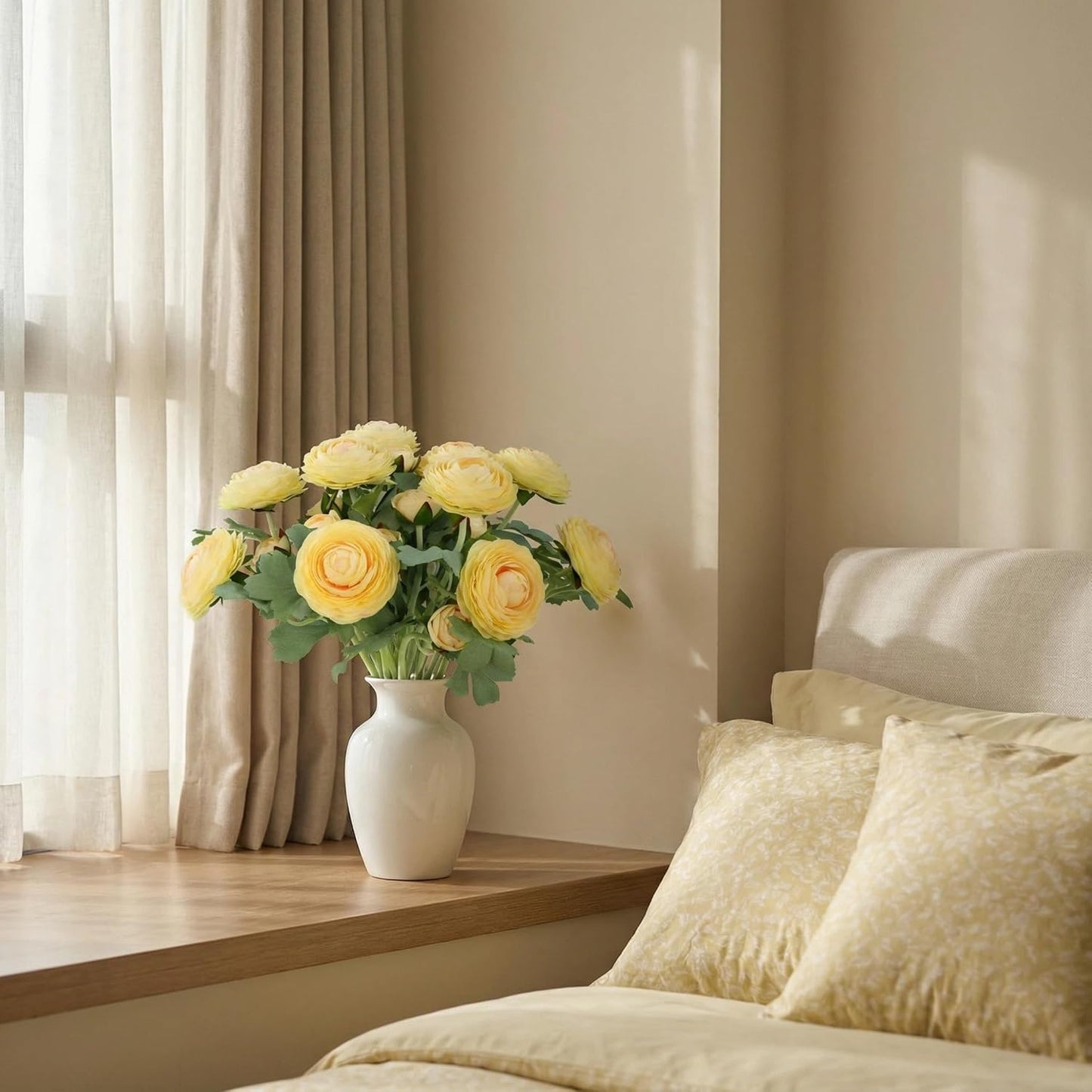 Yellow Ranunculus Artificial Flowerswith Real Touch Stem, Fake Ranunculus Flowers (Creamy Yellow, 6pcs)