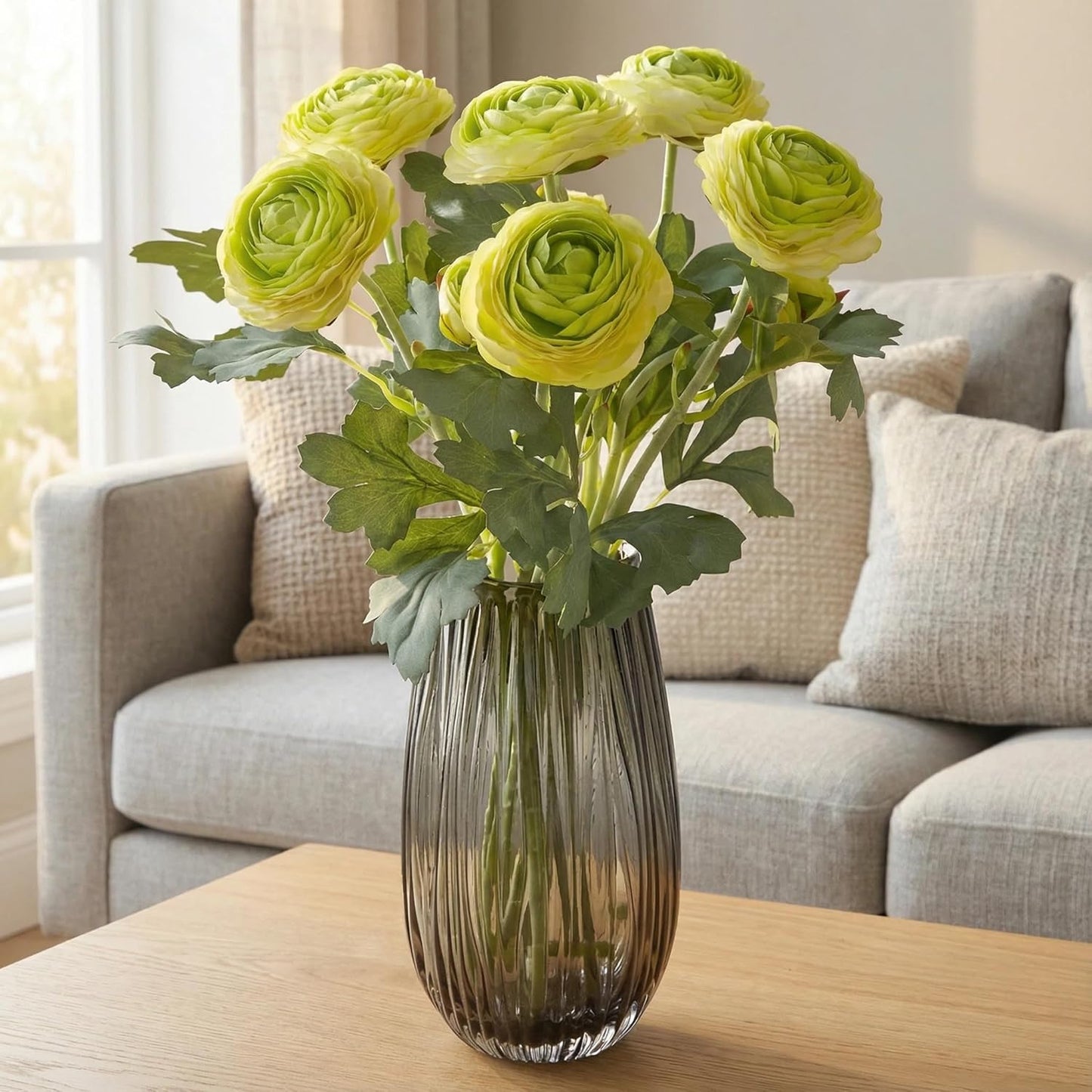 Yellow Ranunculus Artificial Flowerswith Real Touch Stem, Fake Ranunculus Flowers (Creamy Yellow, 6pcs)