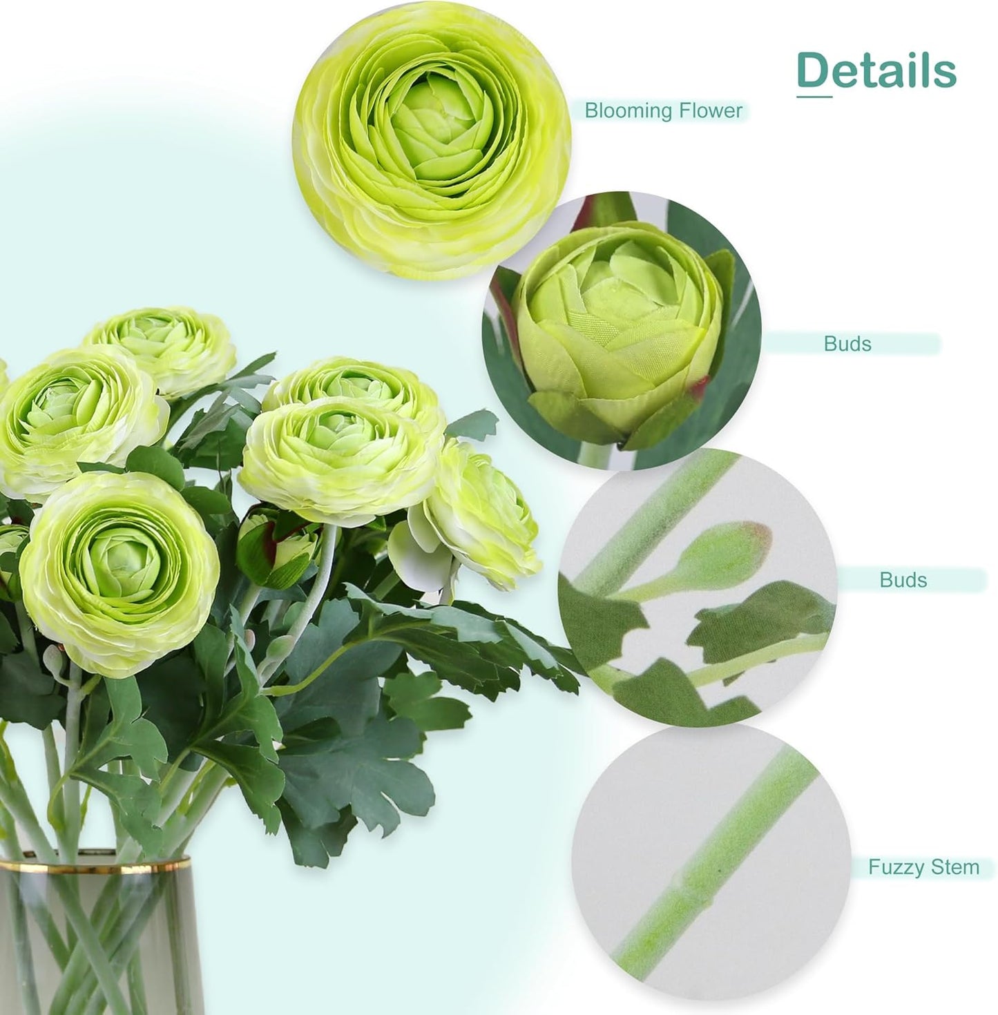 Yellow Ranunculus Artificial Flowerswith Real Touch Stem, Fake Ranunculus Flowers (Creamy Yellow, 6pcs)