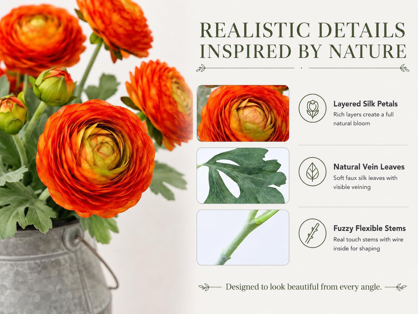 Yellow Ranunculus Artificial Flowerswith Real Touch Stem, Fake Ranunculus Flowers (Creamy Yellow, 6pcs)