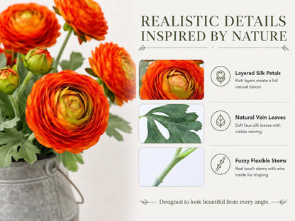 Yellow Ranunculus Artificial Flowerswith Real Touch Stem, Fake Ranunculus Flowers (Creamy Yellow, 6pcs)