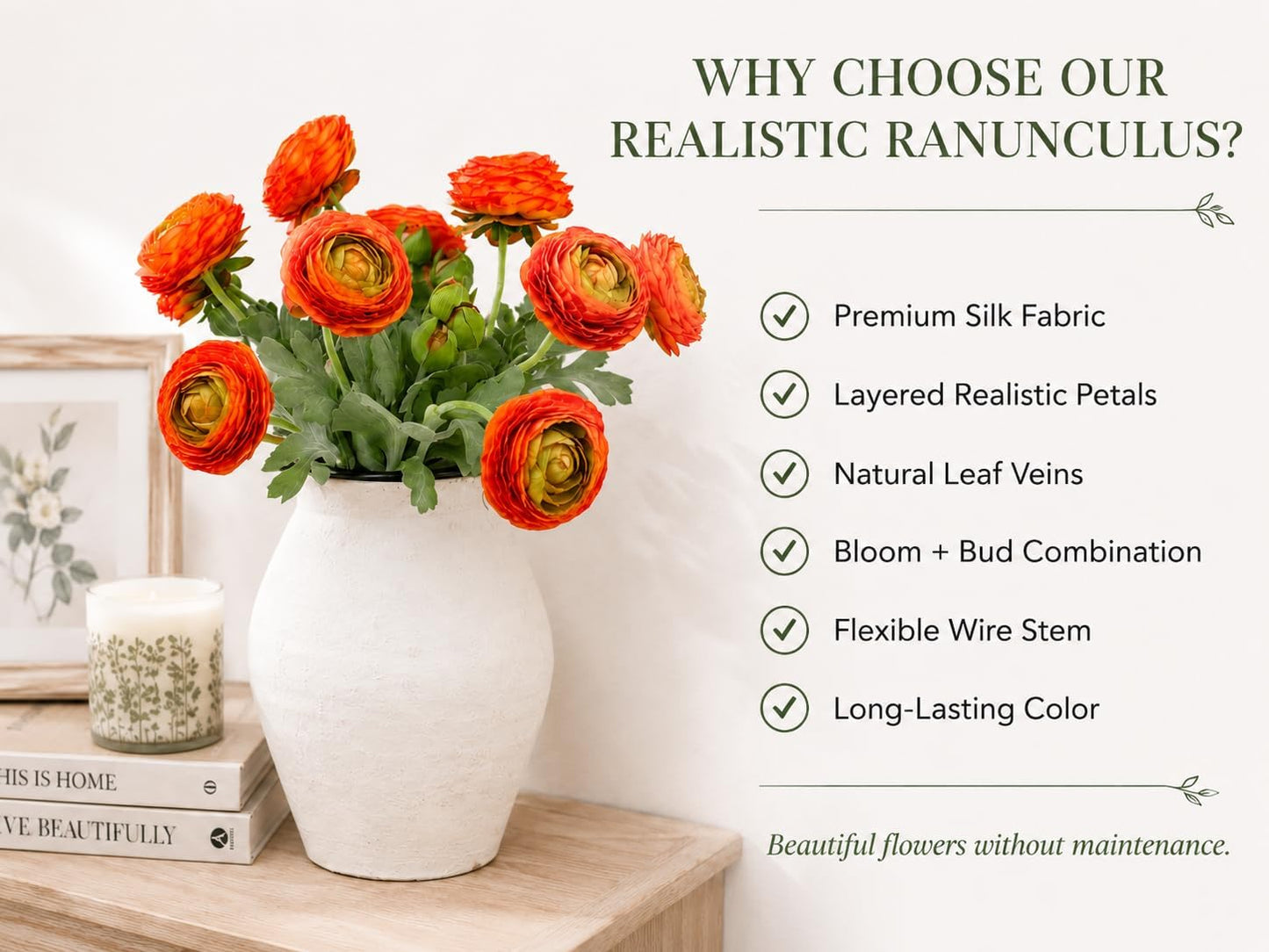 Yellow Ranunculus Artificial Flowerswith Real Touch Stem, Fake Ranunculus Flowers (Creamy Yellow, 6pcs)