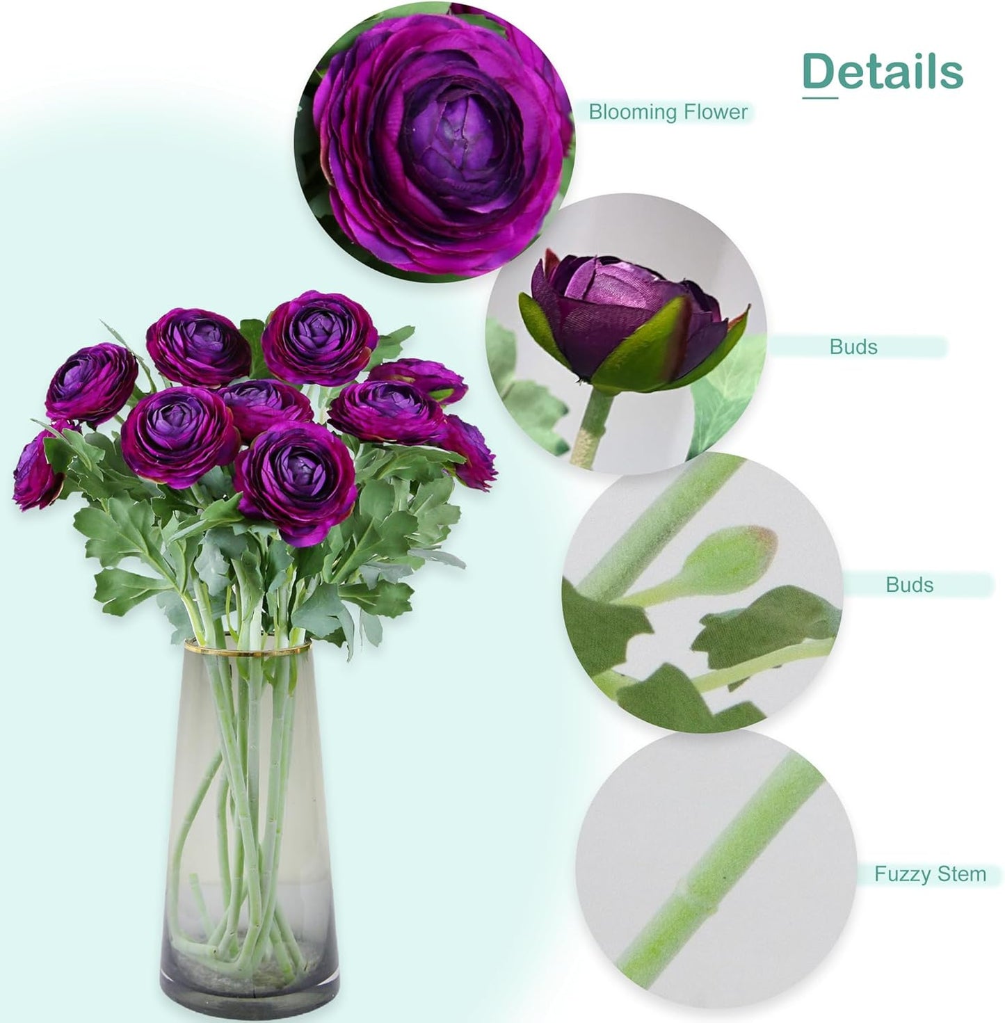 Yellow Ranunculus Artificial Flowerswith Real Touch Stem, Fake Ranunculus Flowers (Creamy Yellow, 6pcs)