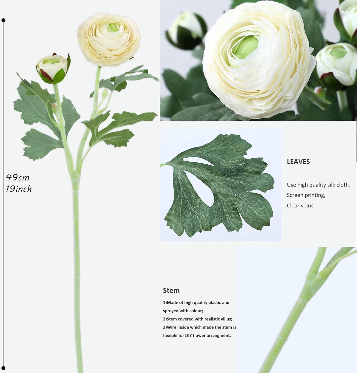 Yellow Ranunculus Artificial Flowerswith Real Touch Stem, Fake Ranunculus Flowers (Creamy Yellow, 6pcs)