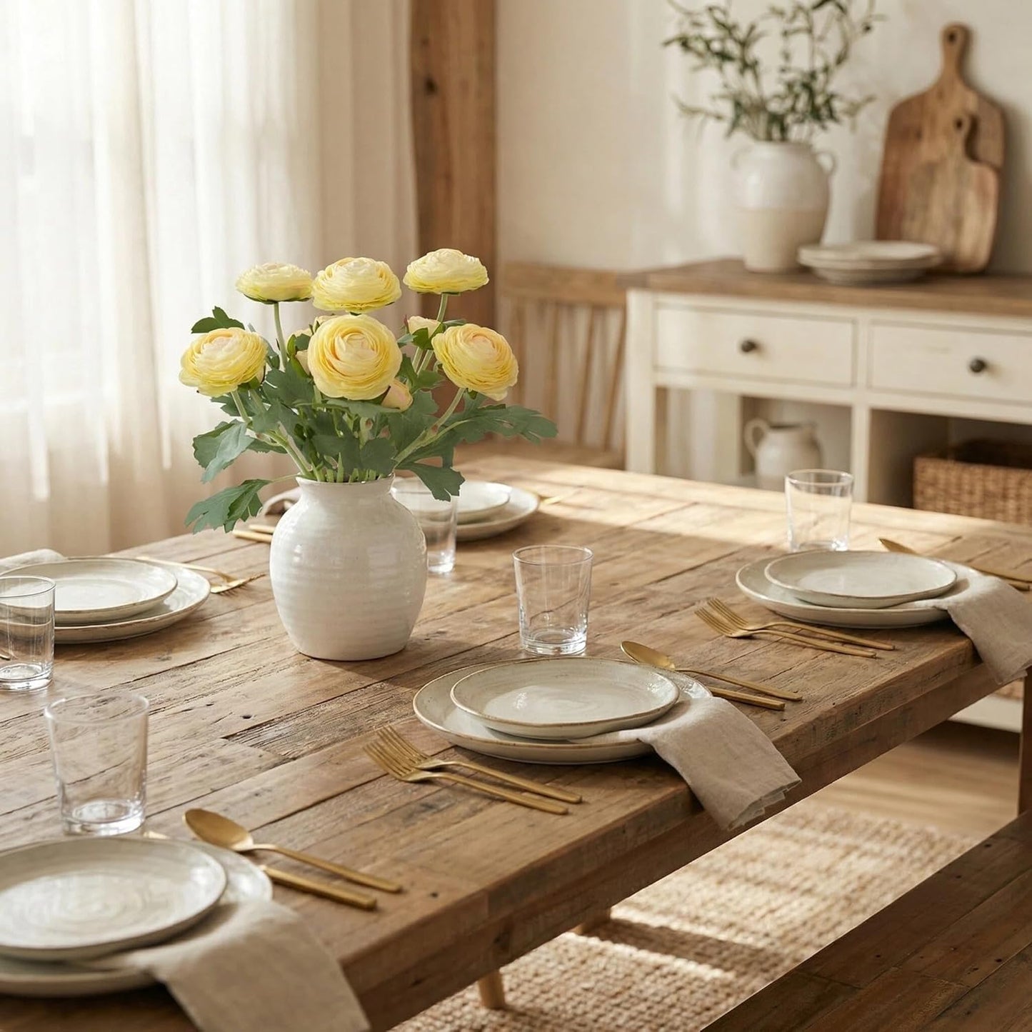 Yellow Ranunculus Artificial Flowerswith Real Touch Stem, Fake Ranunculus Flowers (Creamy Yellow, 6pcs)