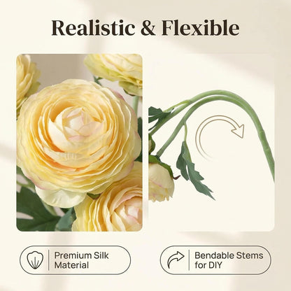 Yellow Ranunculus Artificial Flowerswith Real Touch Stem, Fake Ranunculus Flowers (Creamy Yellow, 6pcs)
