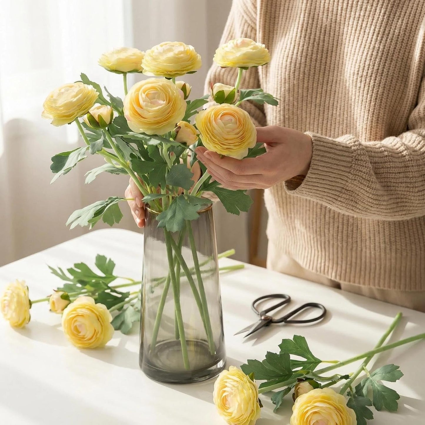 Yellow Ranunculus Artificial Flowerswith Real Touch Stem, Fake Ranunculus Flowers (Creamy Yellow, 6pcs)