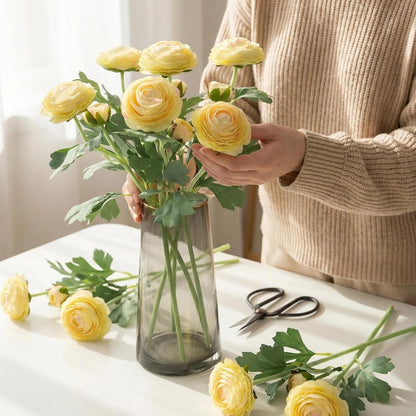 Yellow Ranunculus Artificial Flowerswith Real Touch Stem, Fake Ranunculus Flowers (Creamy Yellow, 6pcs)