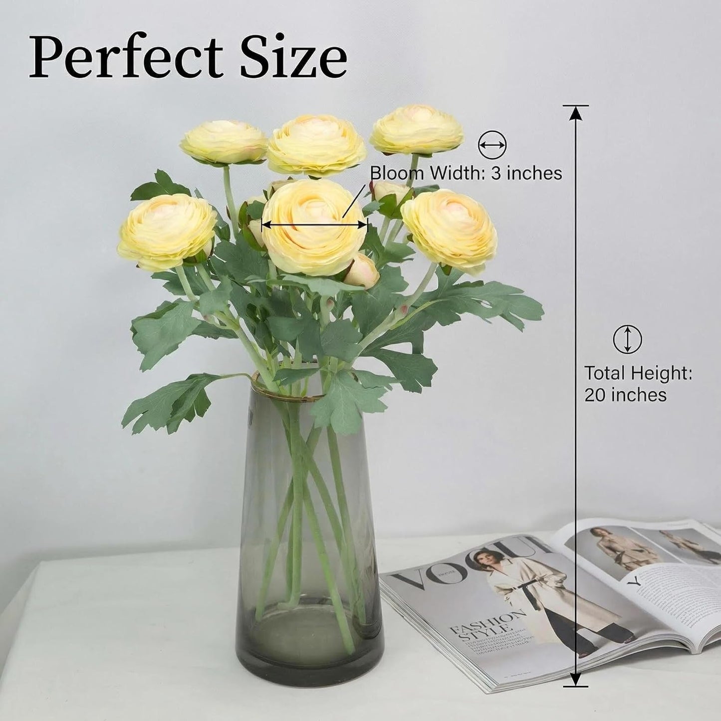 Yellow Ranunculus Artificial Flowerswith Real Touch Stem, Fake Ranunculus Flowers (Creamy Yellow, 6pcs)