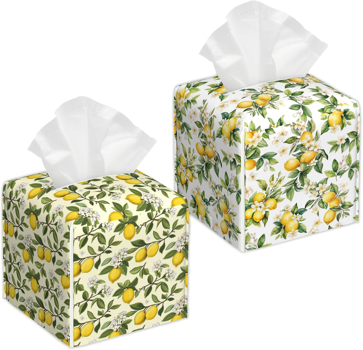 Yellow Lemon 2 Pcs Tissue Box Cover Square, Leather Tissue Box Holder for Bathroom Livingroom Bedroom, Fruit Decorations Cube Tissue Holder