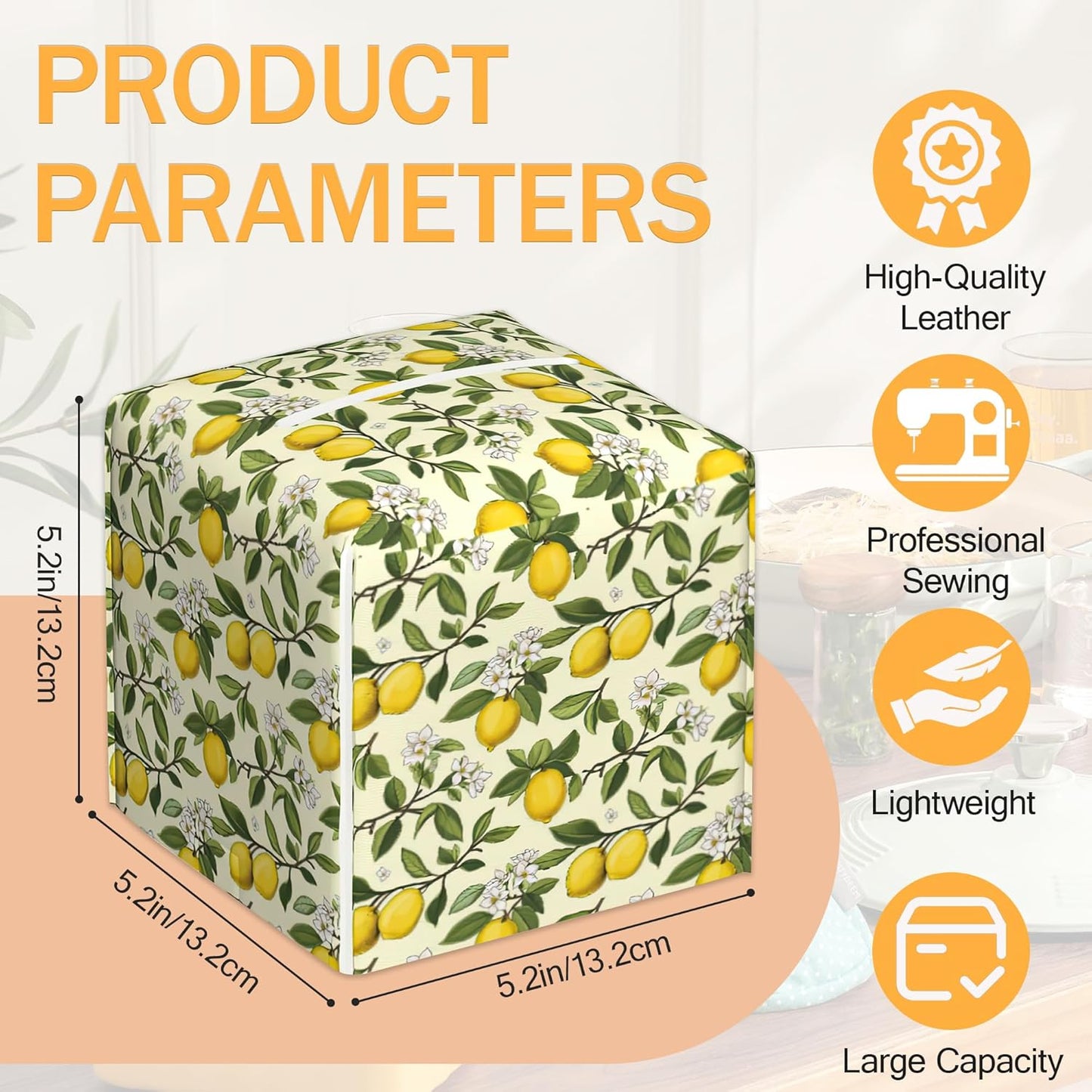 Yellow Lemon 2 Pcs Tissue Box Cover Square, Leather Tissue Box Holder for Bathroom Livingroom Bedroom, Fruit Decorations Cube Tissue Holder