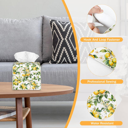 Yellow Lemon 2 Pcs Tissue Box Cover Square, Leather Tissue Box Holder for Bathroom Livingroom Bedroom, Fruit Decorations Cube Tissue Holder