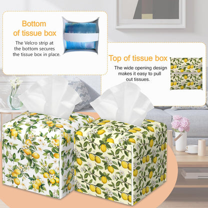 Yellow Lemon 2 Pcs Tissue Box Cover Square, Leather Tissue Box Holder for Bathroom Livingroom Bedroom, Fruit Decorations Cube Tissue Holder