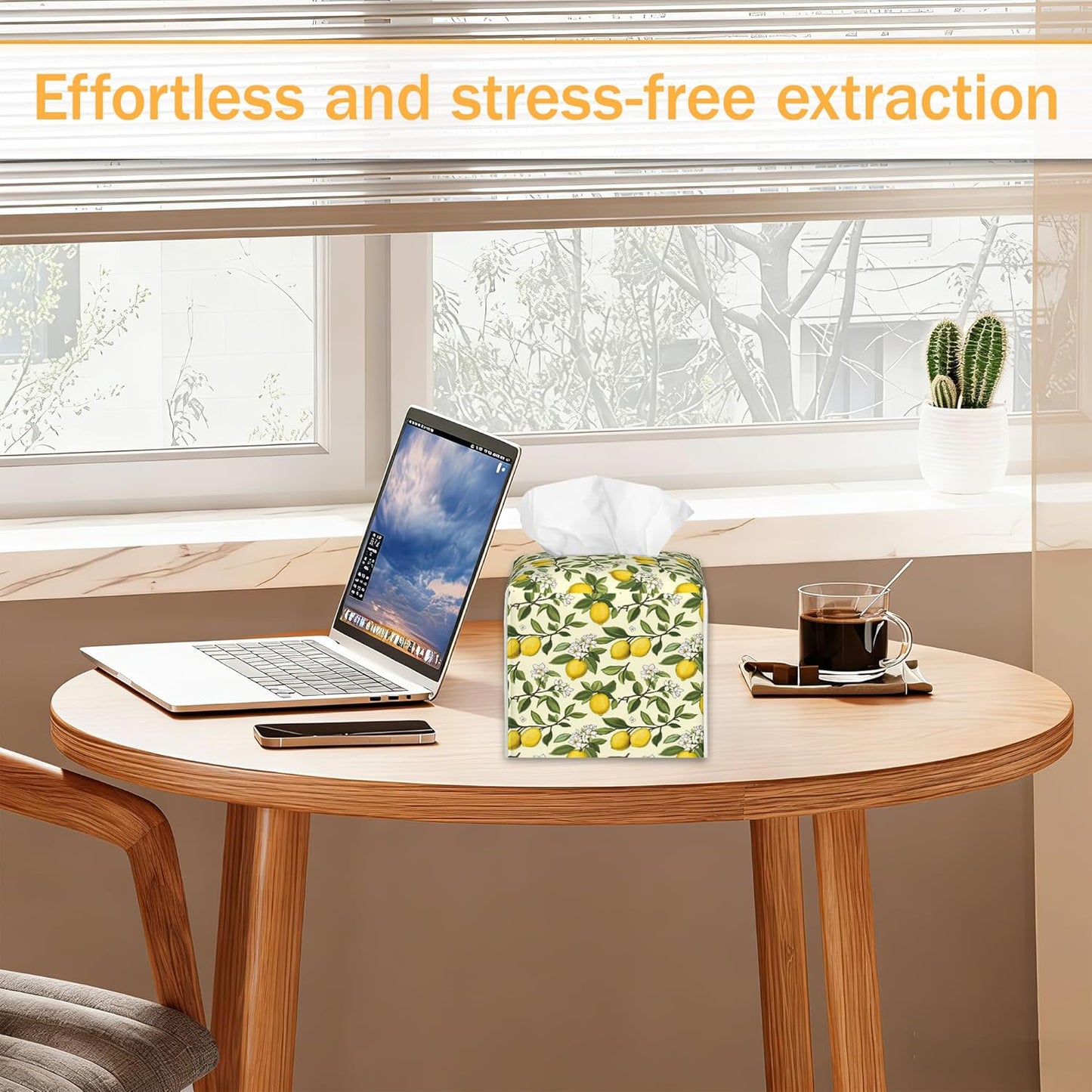 Yellow Lemon 2 Pcs Tissue Box Cover Square, Leather Tissue Box Holder for Bathroom Livingroom Bedroom, Fruit Decorations Cube Tissue Holder