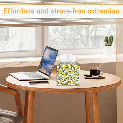 Yellow Lemon 2 Pcs Tissue Box Cover Square, Leather Tissue Box Holder for Bathroom Livingroom Bedroom, Fruit Decorations Cube Tissue Holder
