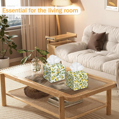 Yellow Lemon 2 Pcs Tissue Box Cover Square, Leather Tissue Box Holder for Bathroom Livingroom Bedroom, Fruit Decorations Cube Tissue Holder