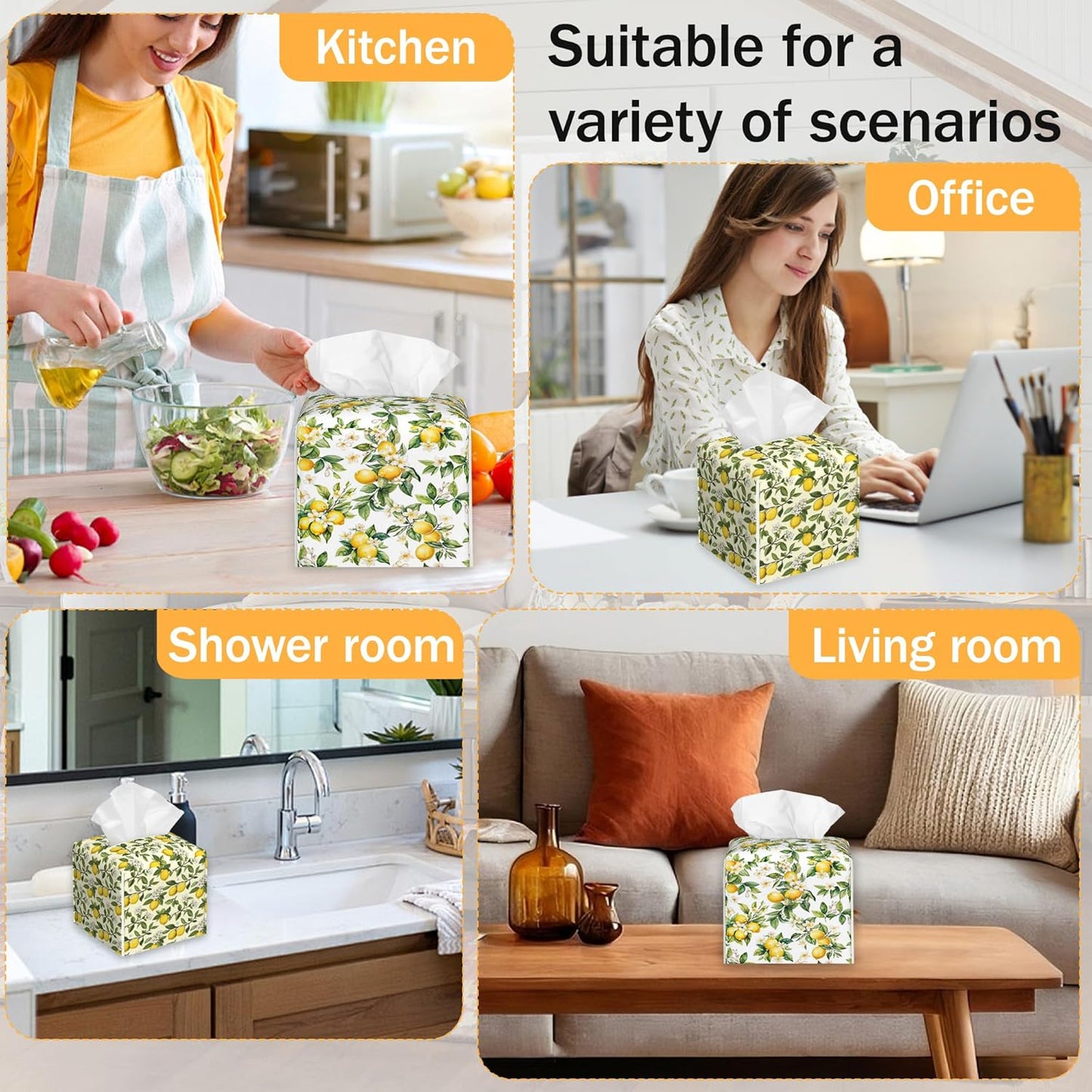 Yellow Lemon 2 Pcs Tissue Box Cover Square, Leather Tissue Box Holder for Bathroom Livingroom Bedroom, Fruit Decorations Cube Tissue Holder