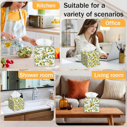 Yellow Lemon 2 Pcs Tissue Box Cover Square, Leather Tissue Box Holder for Bathroom Livingroom Bedroom, Fruit Decorations Cube Tissue Holder