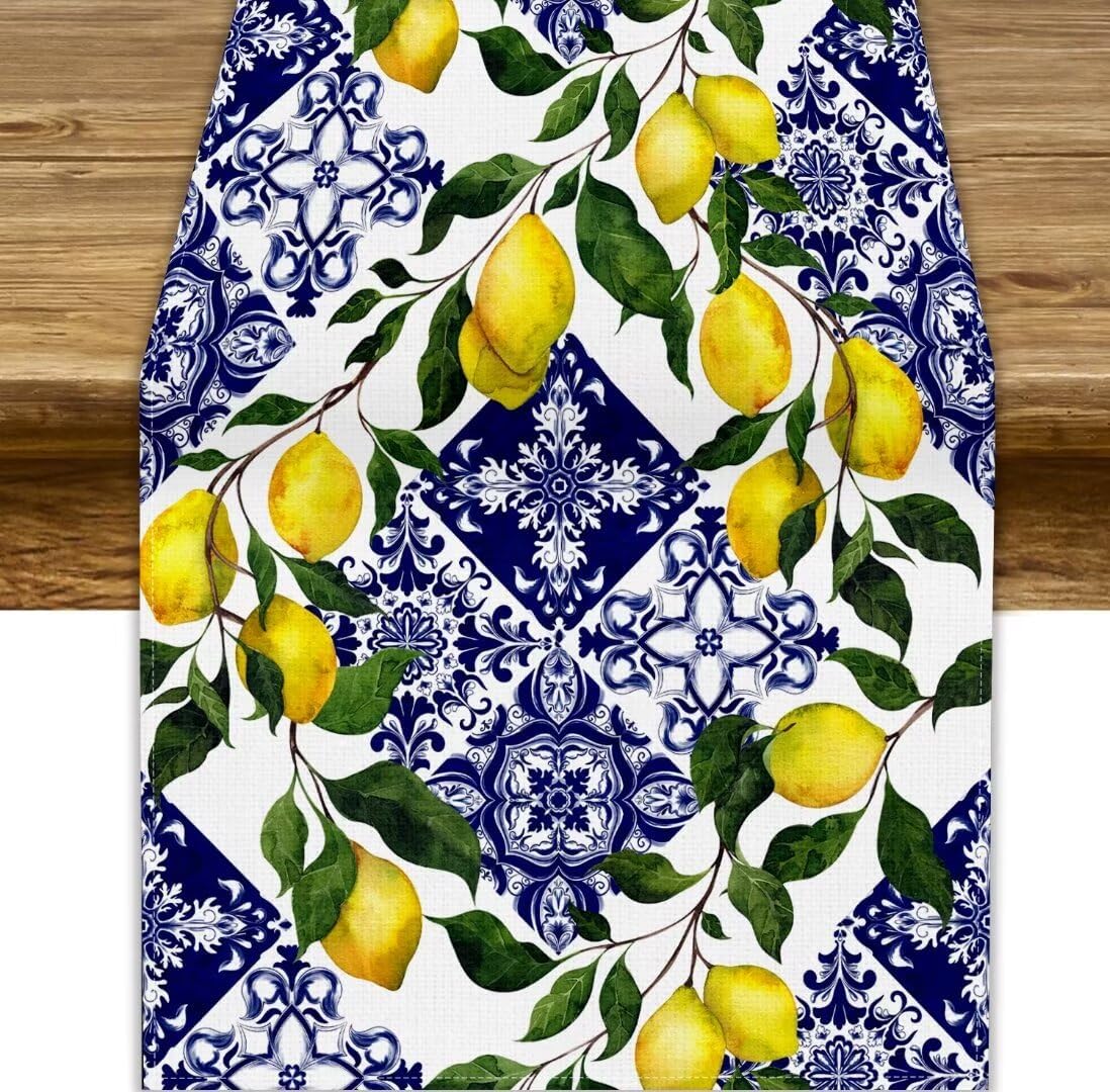 Blue Tile Lemon Table Runner, Summer Fresh Lemon Florals Print Table Runner for Farmhouse Home Dining Kitchen Table Decor Indoors Outdoors Party, 13x36in