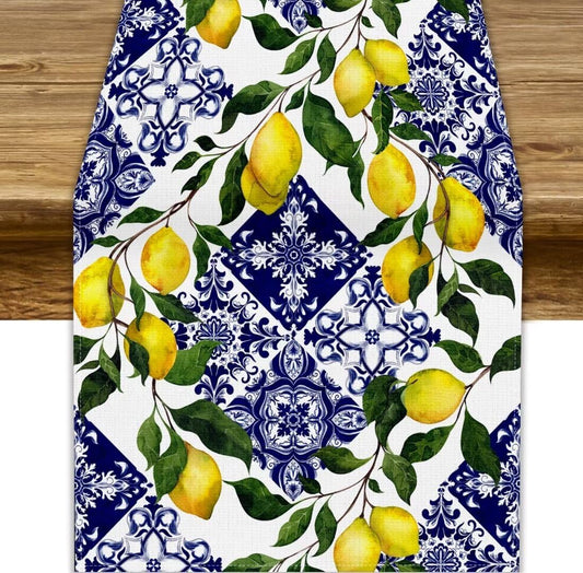 Blue Tile Lemon Table Runner, Summer Fresh Lemon Florals Print Table Runner for Farmhouse Home Dining Kitchen Table Decor Indoors Outdoors Party, 13x36in