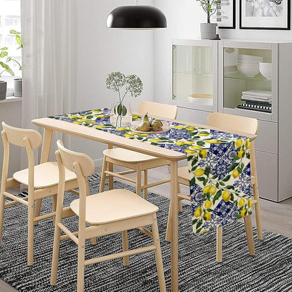 Blue Tile Lemon Table Runner, Summer Fresh Lemon Florals Print Table Runner for Farmhouse Home Dining Kitchen Table Decor Indoors Outdoors Party, 13x36in