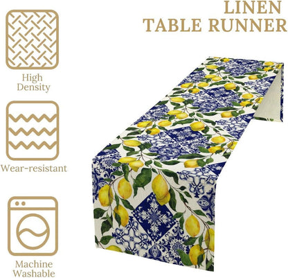 Blue Tile Lemon Table Runner, Summer Fresh Lemon Florals Print Table Runner for Farmhouse Home Dining Kitchen Table Decor Indoors Outdoors Party, 13x36in