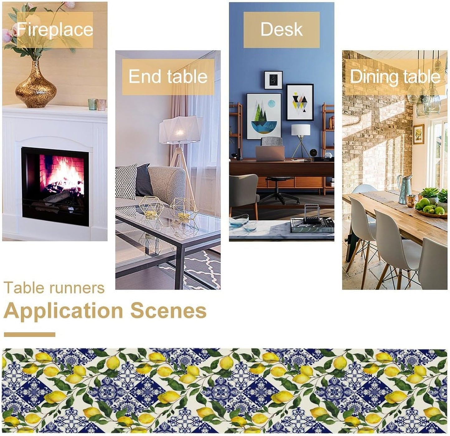 Blue Tile Lemon Table Runner, Summer Fresh Lemon Florals Print Table Runner for Farmhouse Home Dining Kitchen Table Decor Indoors Outdoors Party, 13x36in