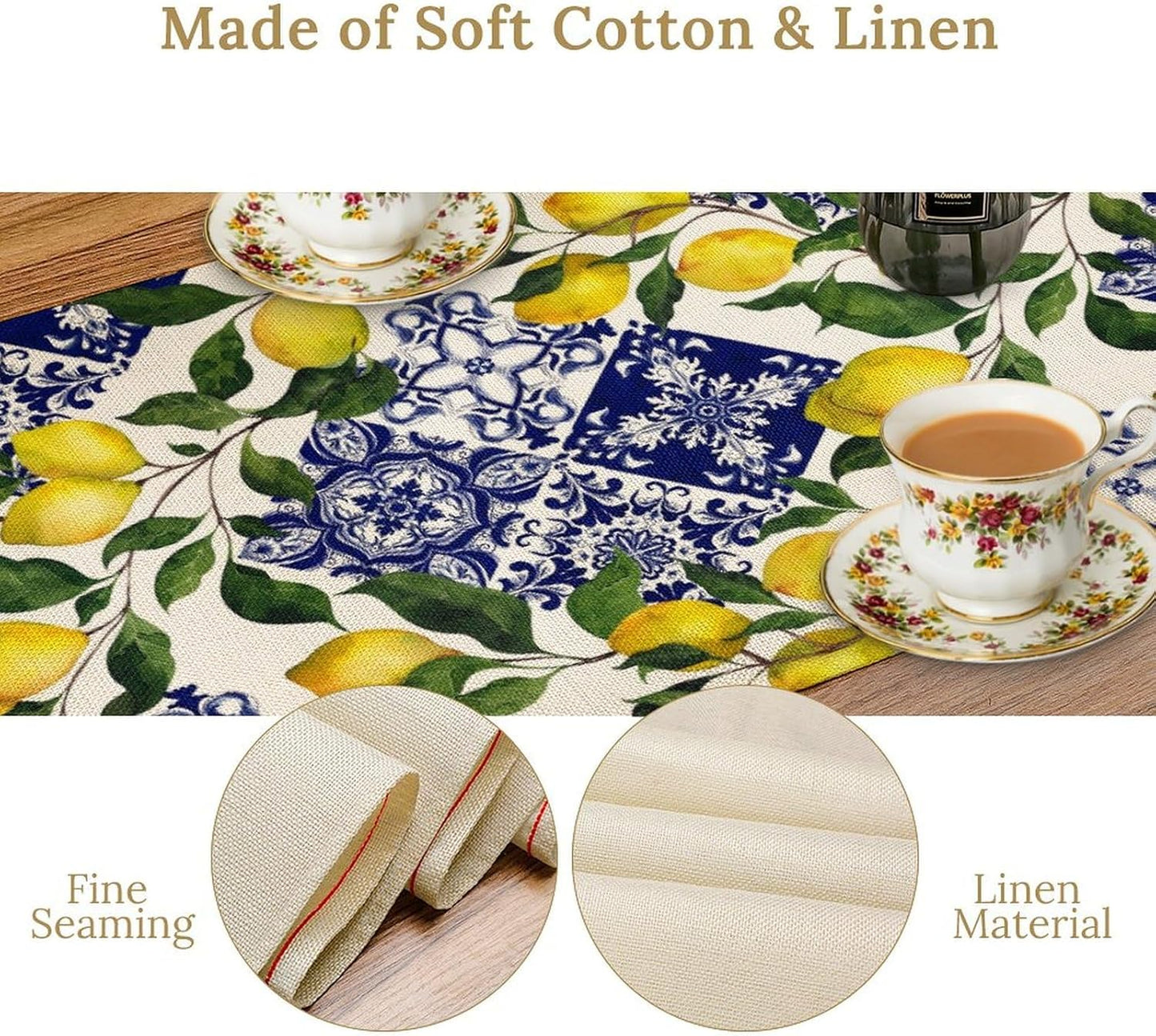 Blue Tile Lemon Table Runner, Summer Fresh Lemon Florals Print Table Runner for Farmhouse Home Dining Kitchen Table Decor Indoors Outdoors Party, 13x36in