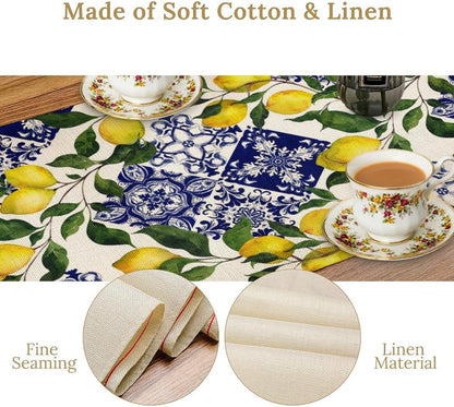 Blue Tile Lemon Table Runner, Summer Fresh Lemon Florals Print Table Runner for Farmhouse Home Dining Kitchen Table Decor Indoors Outdoors Party, 13x36in