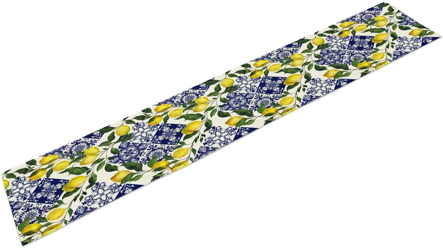 Blue Tile Lemon Table Runner, Summer Fresh Lemon Florals Print Table Runner for Farmhouse Home Dining Kitchen Table Decor Indoors Outdoors Party, 13x36in