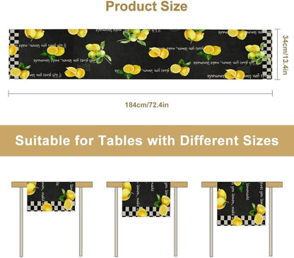 Blue Tile Lemon Table Runner, Summer Fresh Lemon Florals Print Table Runner for Farmhouse Home Dining Kitchen Table Decor Indoors Outdoors Party, 13x36in