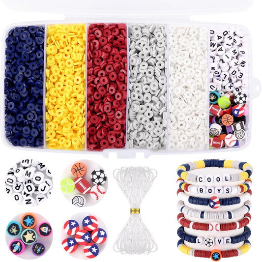 Red White and Blue Clay Beads, 5000 Pcs Heishi Flat Round Bead | Clay Beads for Bracelet Making, Friendship Bracelet Kit with Letter Sports Bead, Birthday DIY Craft for Boys Adults