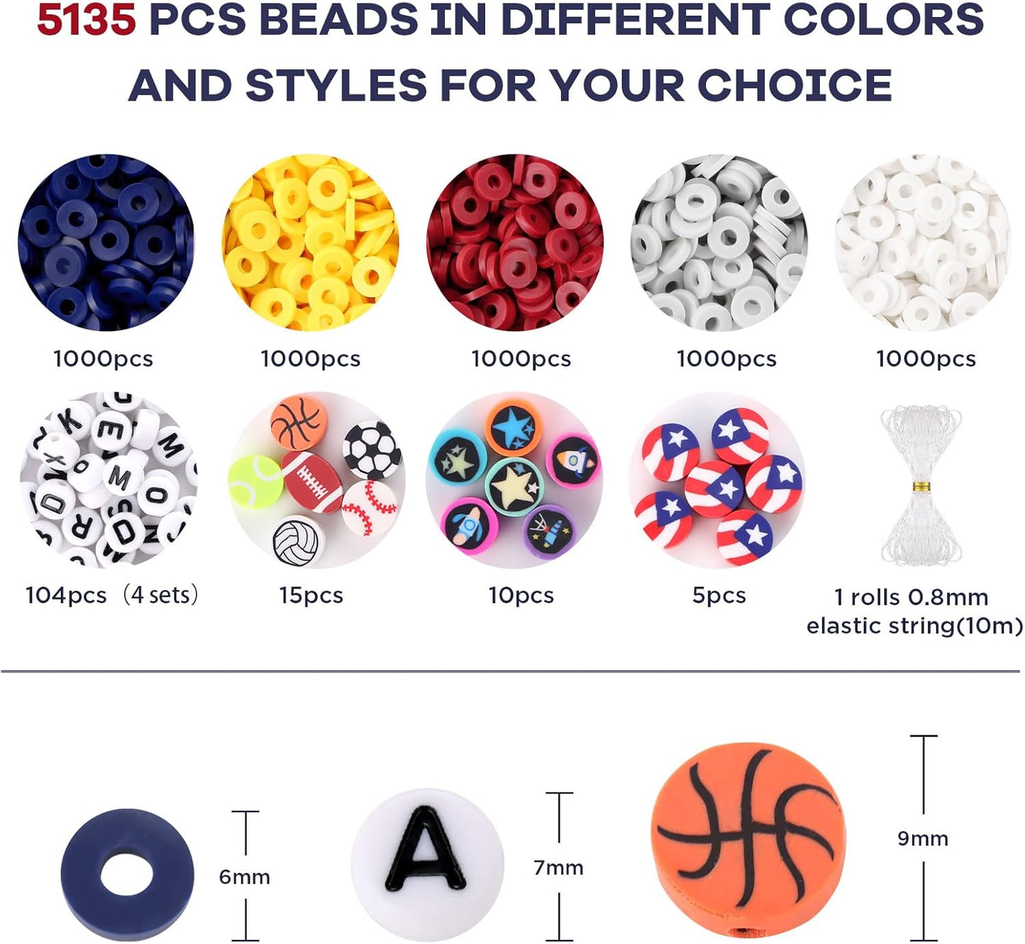 Red White and Blue Clay Beads, 5000 Pcs Heishi Flat Round Bead | Clay Beads for Bracelet Making, Friendship Bracelet Kit with Letter Sports Bead, Birthday DIY Craft for Boys Adults