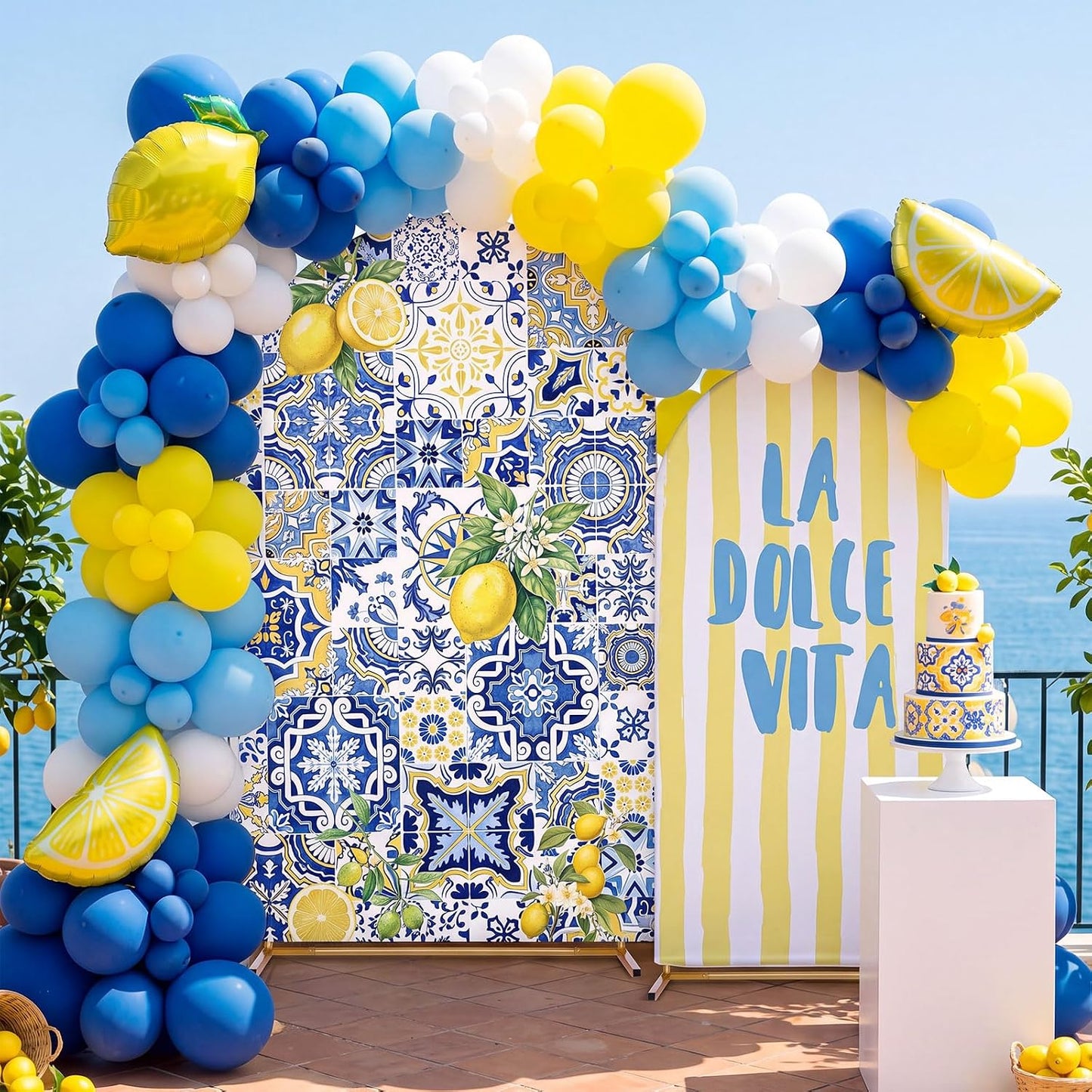 2 Set Amalfi Coast Party Decorations Arch Backdrop Cover | 7.2ft 6ft Stretchy Blue Tiles Lemon Arch Cover, Backdrop Stand, Wedding Birthday Bridal Shower Party Decorations