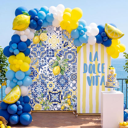 2 Set Amalfi Coast Party Decorations Arch Backdrop Cover | 7.2ft 6ft Stretchy Blue Tiles Lemon Arch Cover, Backdrop Stand, Wedding Birthday Bridal Shower Party Decorations